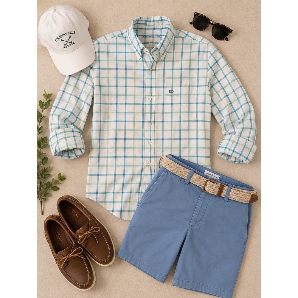 Southern Tide Men's Plaid Button Down Shirt Blue Green Check Skipjack Logo